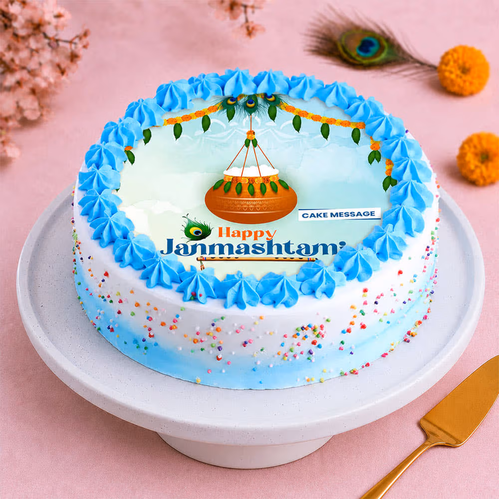 Joyful Janmashtami Festive Cake — 100% eggless truffle, baked at AVS Bakery in Ramgarh