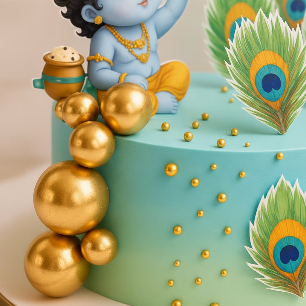 Peacock Feathers Janmashtami Cake — 100% eggless vanilla, baked at AVS Bakery in Ramgarh (photo 2)