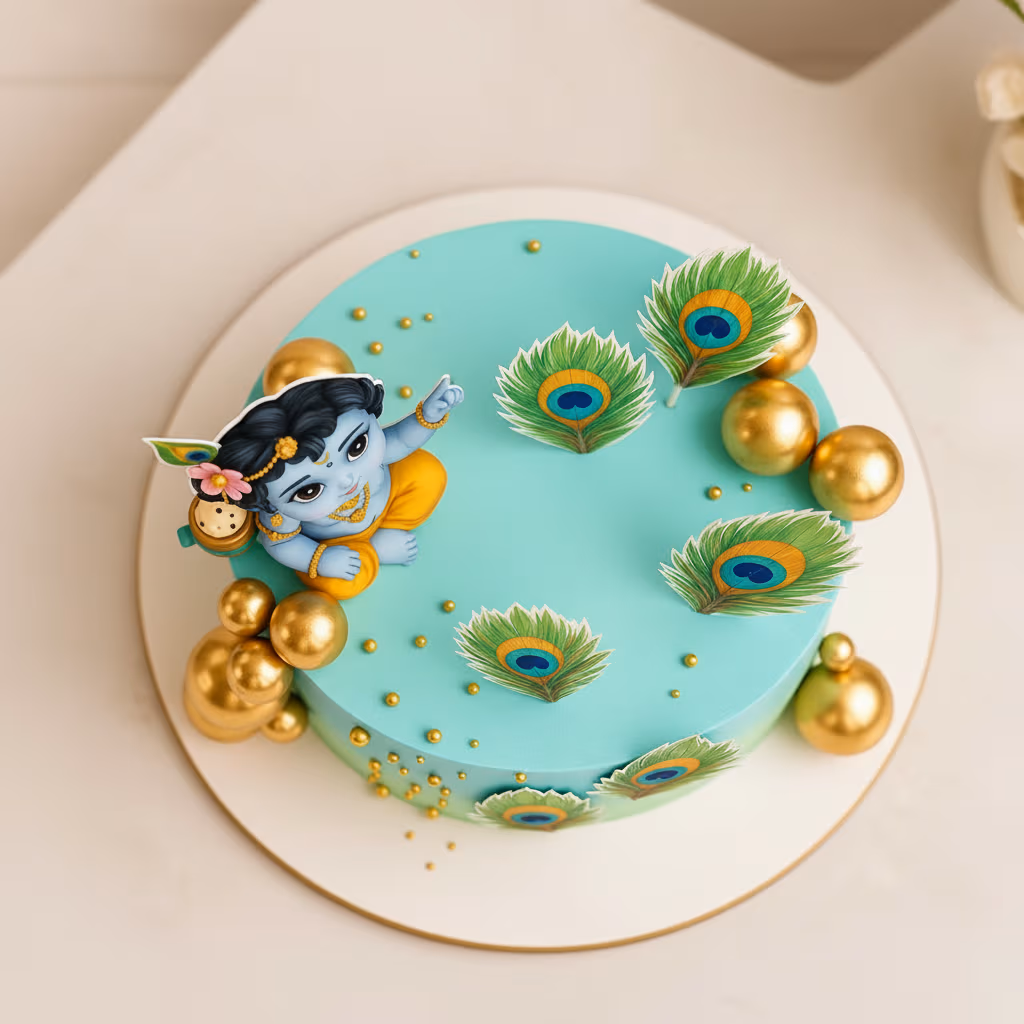 Peacock Feathers Janmashtami Cake — 100% eggless vanilla, baked at AVS Bakery in Ramgarh (photo 3)