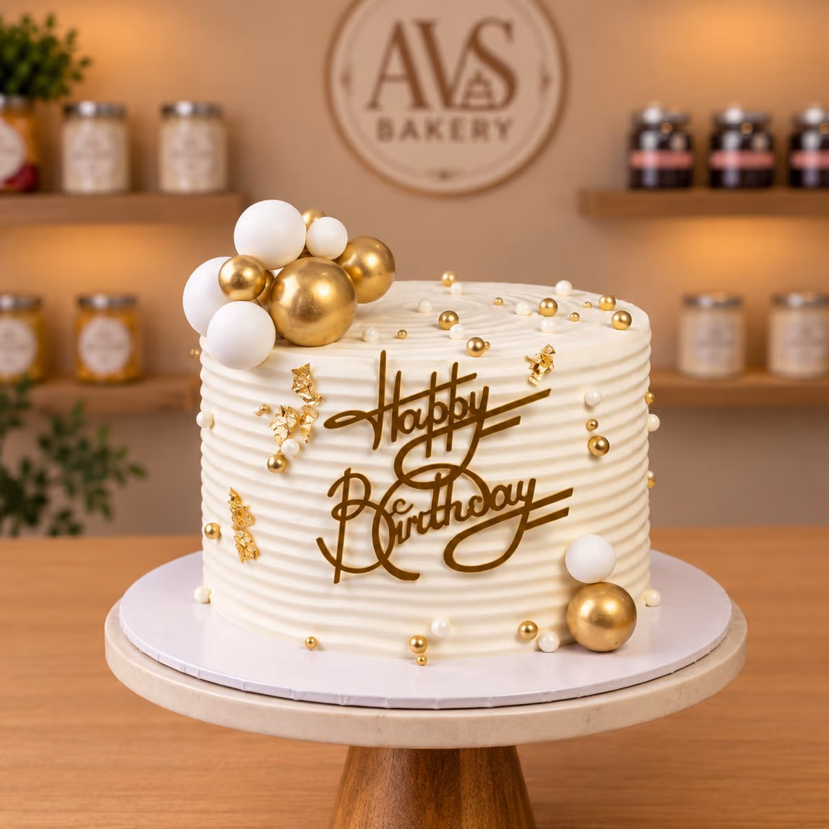 Gold Accented Birthday Cake — 100% eggless vanilla, baked at AVS Bakery in Ramgarh