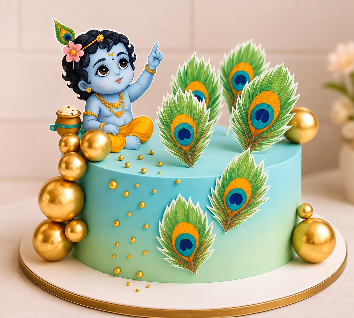 Peacock Feathers Janmashtami Cake — 100% eggless vanilla, baked at AVS Bakery in Ramgarh