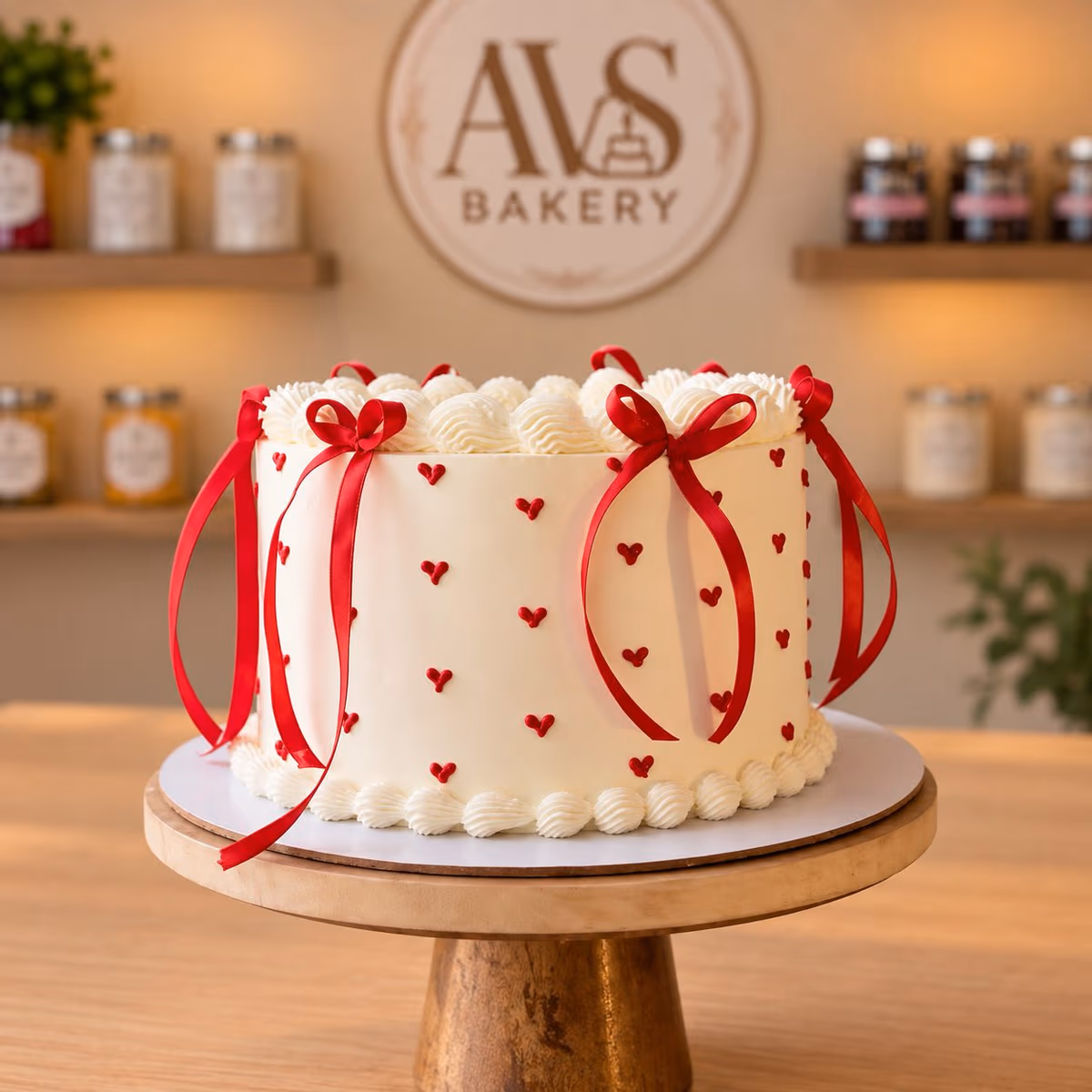 Ribbon Heart Cake — 100% eggless vanilla, baked at AVS Bakery in Ramgarh
