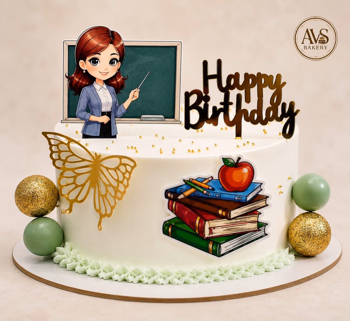 Teacher Theme Cake — 100% eggless vanilla, baked at AVS Bakery in Ramgarh