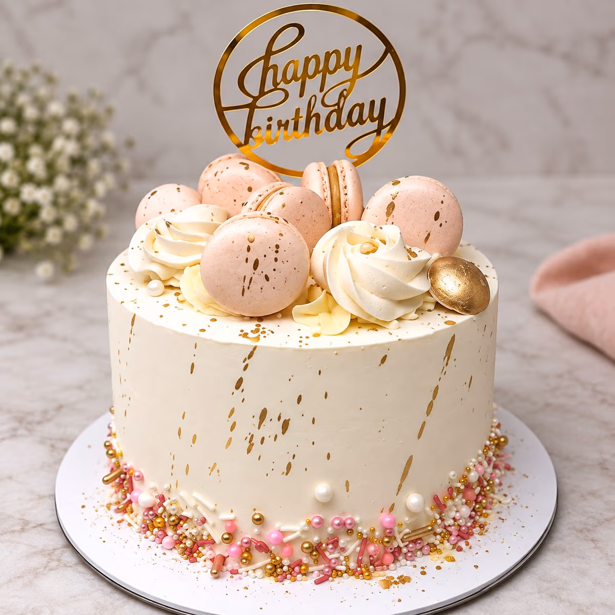 Macaron Birthday Cake — 100% eggless vanilla, baked at AVS Bakery in Ramgarh