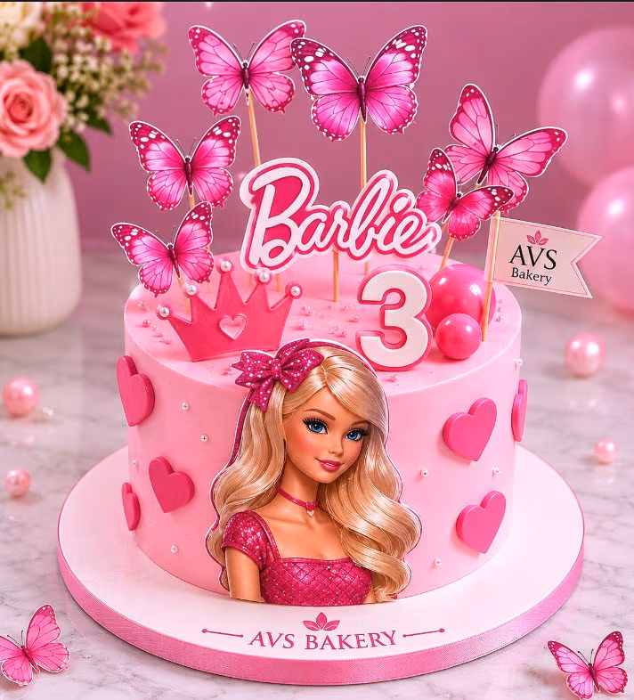 Barbie Cake — 100% eggless vanilla, baked at AVS Bakery in Ramgarh