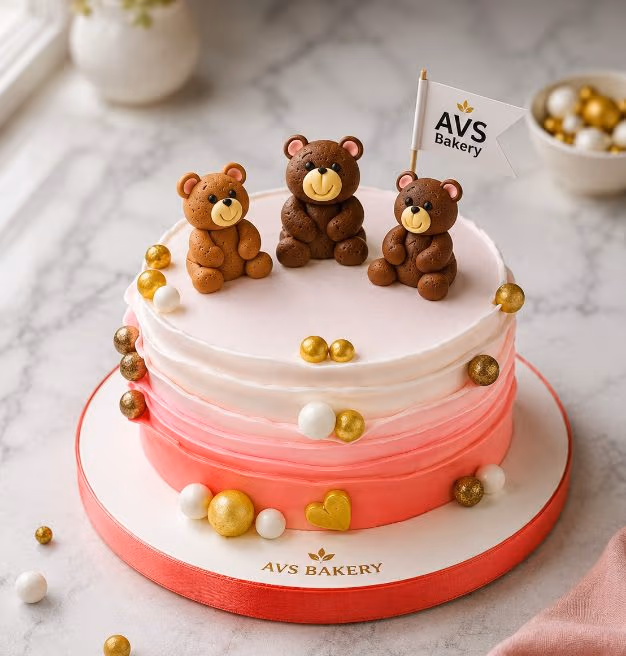 Bear Buddies Cake — 100% eggless vanilla, baked at AVS Bakery in Ramgarh