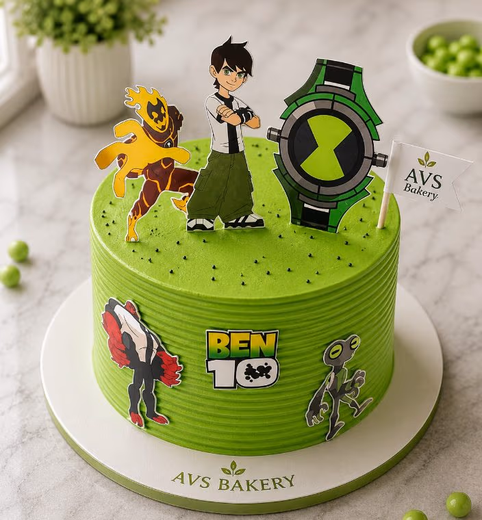 Ben 10 Cake — 100% eggless vanilla, baked at AVS Bakery in Ramgarh