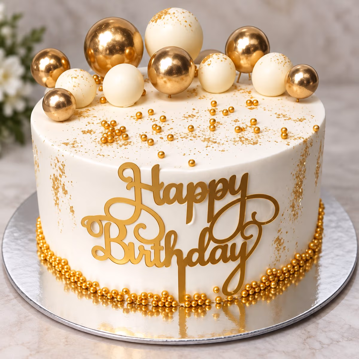 Gold and White Birthday Cake — 100% eggless vanilla, baked at AVS Bakery in Ramgarh