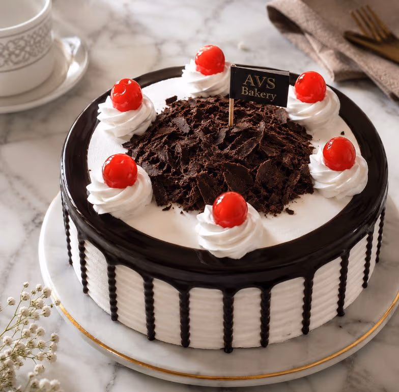 Black Forest Cake — 100% eggless chocolate, baked at AVS Bakery in Ramgarh