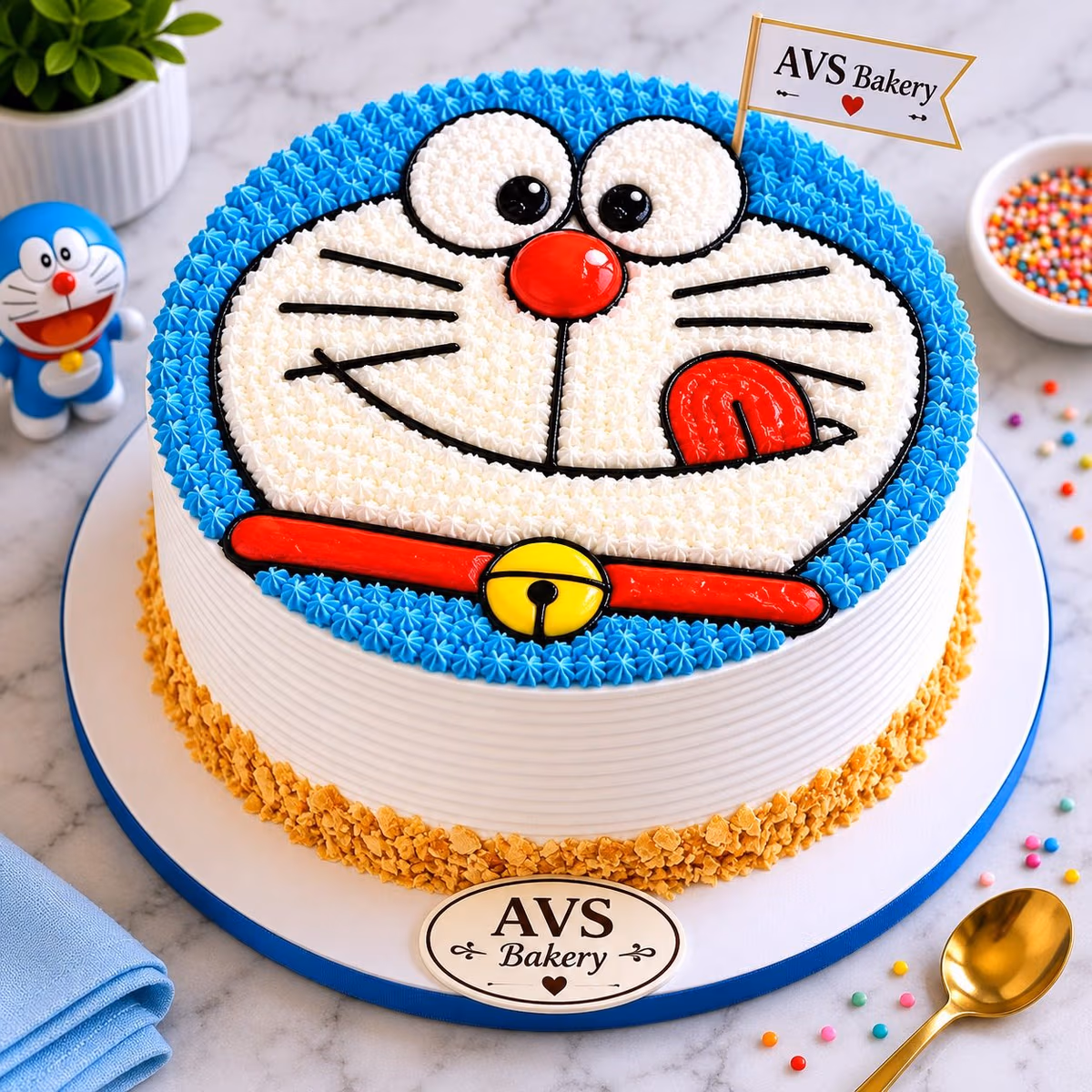 Doraemon cake — 100% eggless vanilla, baked at AVS Bakery in Ramgarh