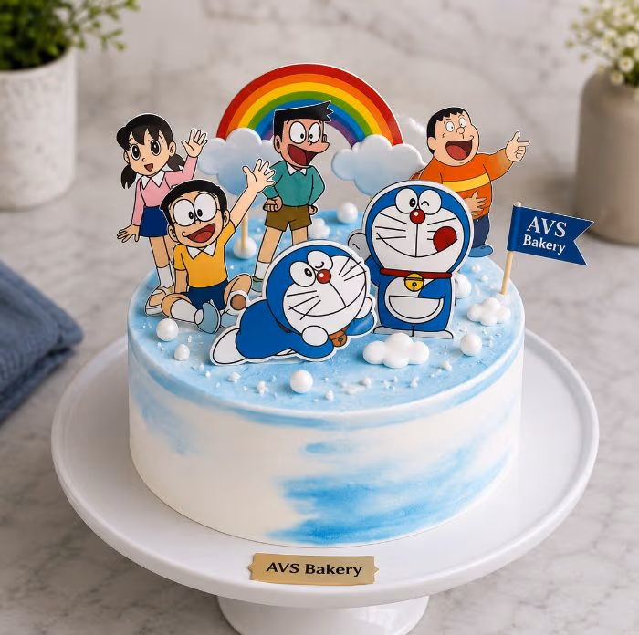 Doraemon Cake — 100% eggless vanilla, baked at AVS Bakery in Ramgarh