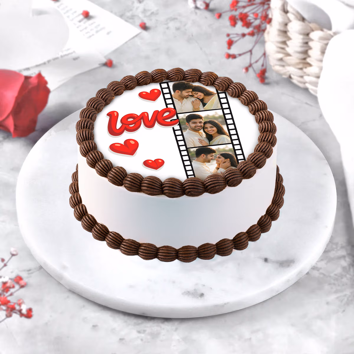 Love Story Chocolate Photo Cake — 100% eggless, baked at AVS Bakery in Ramgarh