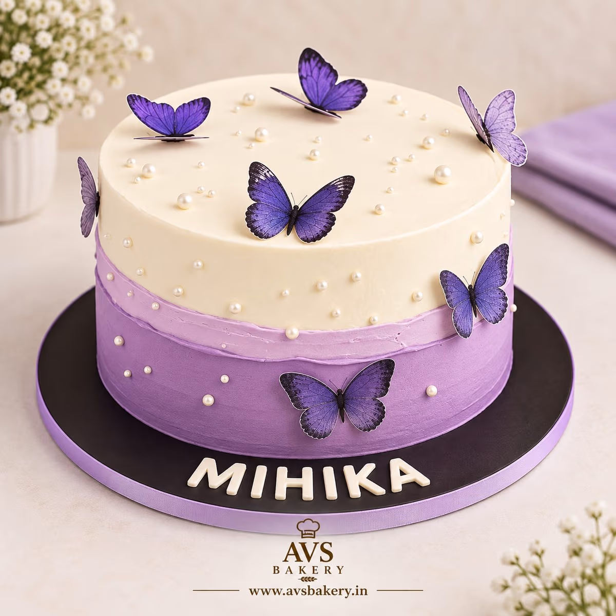 Lavender Butterfly Cake — 100% eggless vanilla, baked at AVS Bakery in Ramgarh