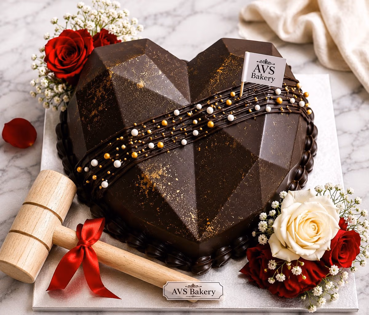 Romantic heart-shaped cake — 100% eggless chocolate, baked at AVS Bakery in Ramgarh