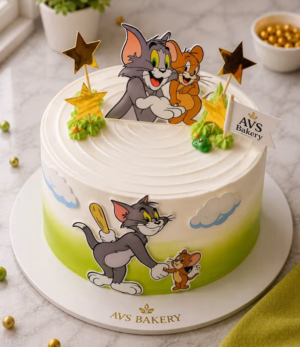 Tom & Jerry Cake — 100% eggless vanilla, baked at AVS Bakery in Ramgarh