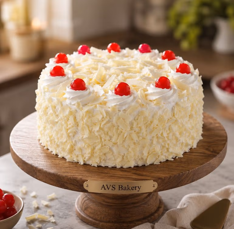 White Forest Cake — 100% eggless vanilla, baked at AVS Bakery in Ramgarh